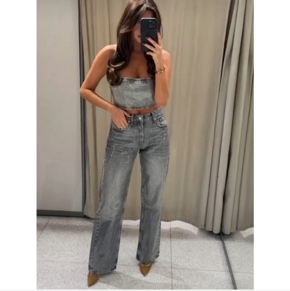 ZARA WIDE LEG SEQUIN FOIL JEANS - Picture 8 of 11